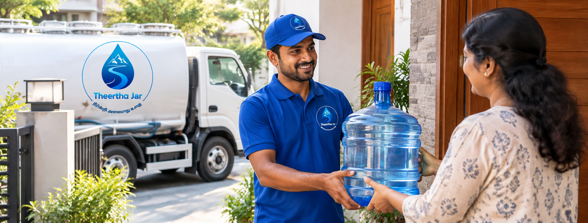 Delivery driver handing over water cans